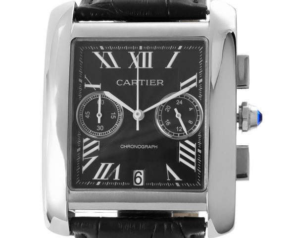 Replica Uhr Cartier Tank MC Chronograph schwarz mit Lederband schwarz